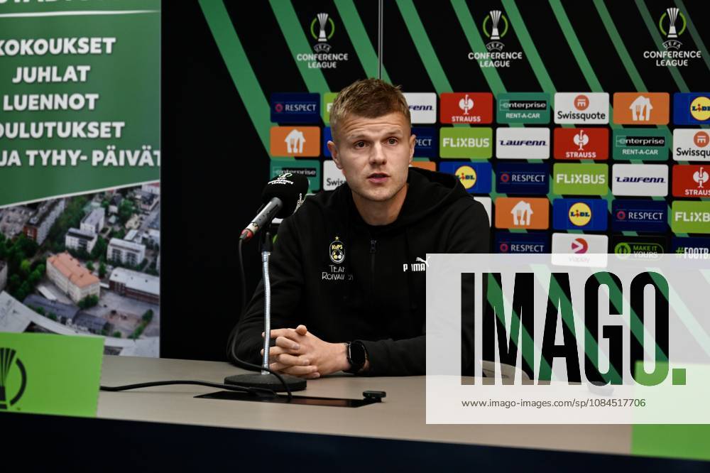 Ahead of the KuPS Kuopio v Trabzonspor - UEFA Conference League TAMPERE, FINLAND - OCTOBER 14: KuPS Kuopio head coach Miika Nuutinen (not seen) and player Petteri Pennanen attend a pre-match press conference, PK, Pressekonferenz at Tammelan stadion in Tampere, Finland on October 14, 2026. With KuPS hosting their UEFA Conference League opening match against Trabzonspor away from Kuopio due to stadium criteria, the team held their official media briefing at the 8,000-capacity venue. Seyit Ahmet Eksik Anadolu Tampere Finland. Editorial use only. Please get in touch for any other usage.