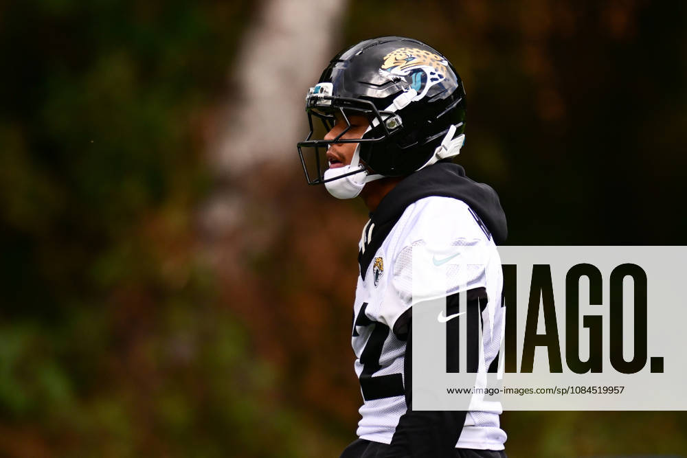 Jacksonville Jaguars, Press and Training Jacksonville Jaguars defensive back Jalen Huskey (22) during the press conference, PK, Pressekonferenz practise session for Jacksonville Jaguars at the Grove Hotel, Chandler s Cross, UK on 14 October 2026. Chandler s Cross Grove Hotel Hertfordshire UK Editorial use only ,