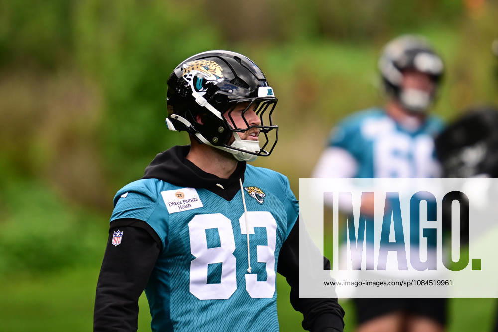 Jacksonville Jaguars, Press and Training Jacksonville Jaguars practice squad tight end Brendon Bates (83) during the press conference, PK, Pressekonferenz practise session for Jacksonville Jaguars at the Grove Hotel, Chandler s Cross, UK on 14 October 2026. Chandler s Cross Grove Hotel Hertfordshire UK Editorial use only ,