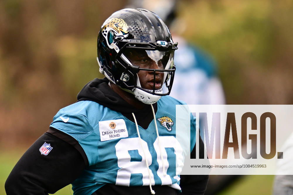 Jacksonville Jaguars, Press and Training Jacksonville Jaguars tight end Quintin Morris (80) during the press conference, PK, Pressekonferenz practise session for Jacksonville Jaguars at the Grove Hotel, Chandler s Cross, UK on 14 October 2026. Chandler s Cross Grove Hotel Hertfordshire UK Editorial use only ,