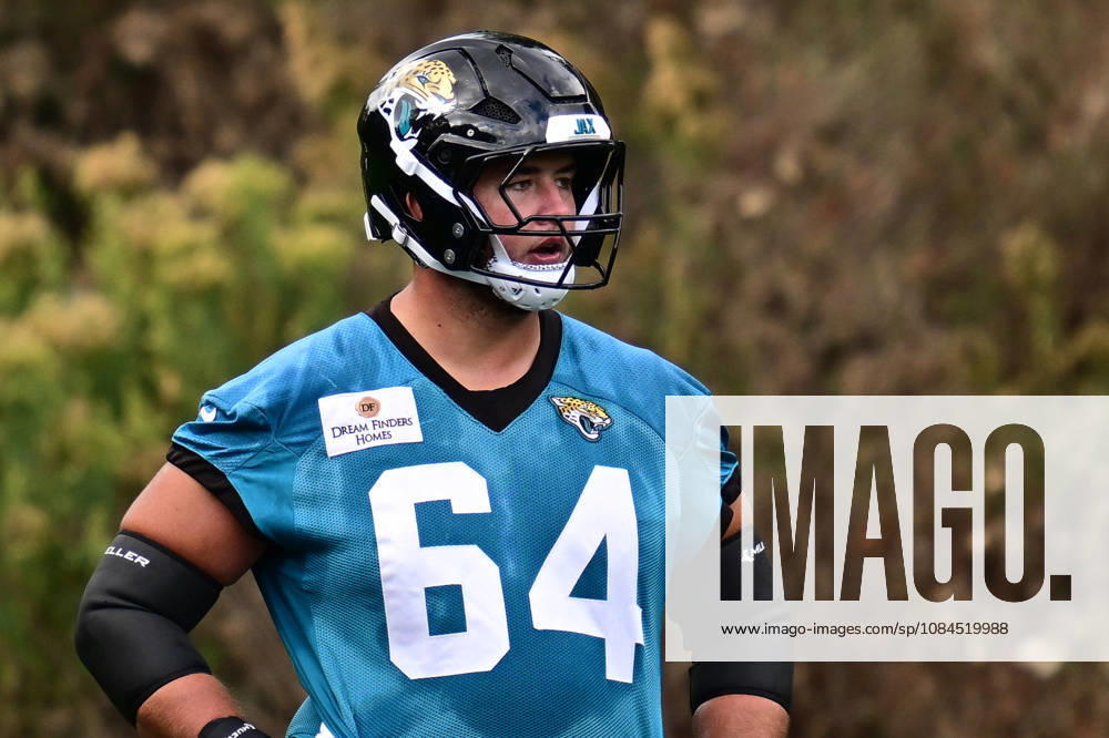 Jacksonville Jaguars, Press and Training Jacksonville Jaguars offensive lineman Wyatt Milum (64) during the press conference, PK, Pressekonferenz practise session for Jacksonville Jaguars at the Grove Hotel, Chandler s Cross, UK on 14 October 2026. Chandler s Cross Grove Hotel Hertfordshire UK Editorial use only ,