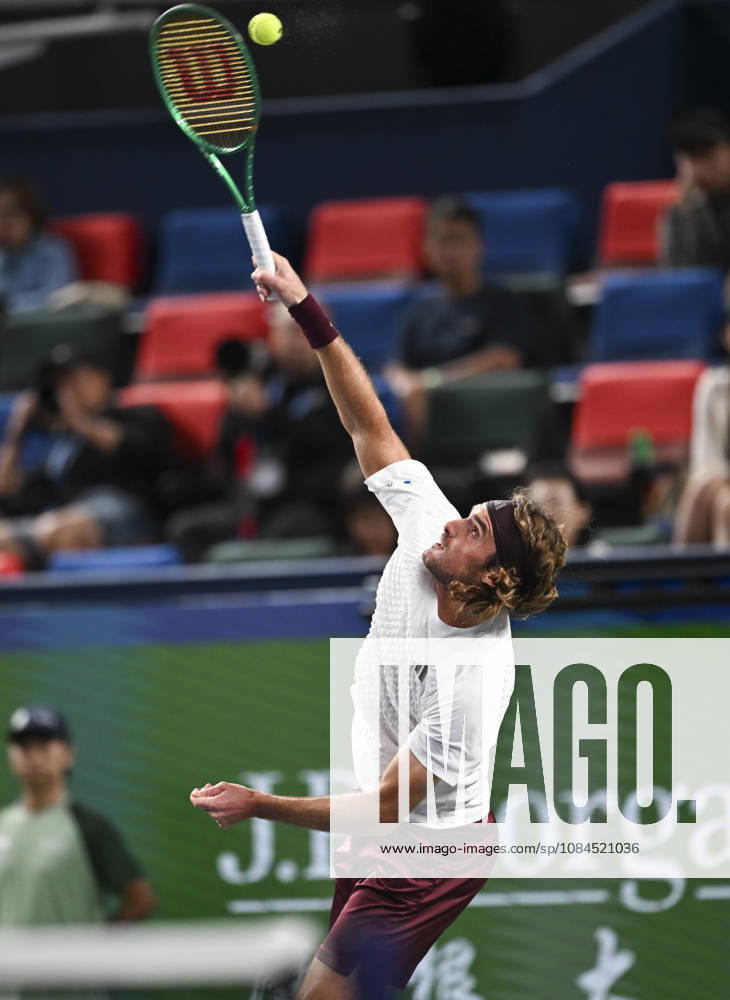 (261014) -- SHANGHAI, Oct. 14, 2026 -- Stefanos Tsitsipas of Greece serves during the men s round of 16 match against Daniil Medvedev of Russia at the 2026 ATP, Tennis Herren tour Shanghai Masters tennis tournament in Shanghai, China, Oct. 14, 2026. ) (SP)CHINA-SHANGHAI-TENNIS-SHANGHAI MASTERS-MEN S SINGLES (CN) ChenxHaoming
