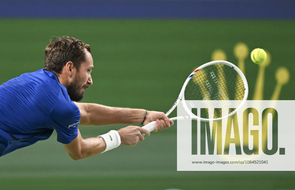 (261014) -- SHANGHAI, Oct. 14, 2026 -- Daniil Medvedev of Russia hits a return during the men s round of 16 match against Stefanos Tsitsipas of Greece at the 2026 ATP, Tennis Herren tour Shanghai Masters tennis tournament in Shanghai, China, Oct. 14, 2026. ) (SP)CHINA-SHANGHAI-TENNIS-SHANGHAI MASTERS-MEN S SINGLES (CN) ChenxHaoming