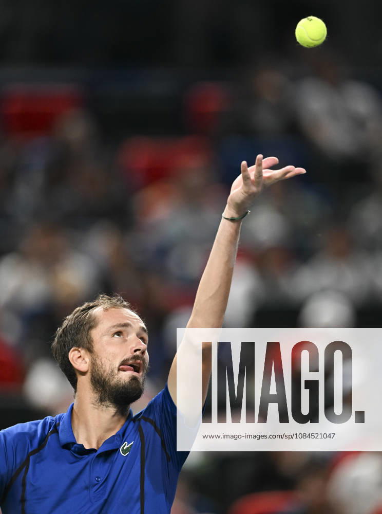 (261014) -- SHANGHAI, Oct. 14, 2026 -- Daniil Medvedev of Russia serves during the men s round of 16 match against Stefanos Tsitsipas of Greece at the 2026 ATP, Tennis Herren tour Shanghai Masters tennis tournament in Shanghai, China, Oct. 14, 2026. ) (SP)CHINA-SHANGHAI-TENNIS-SHANGHAI MASTERS-MEN S SINGLES (CN) ChenxHaoming