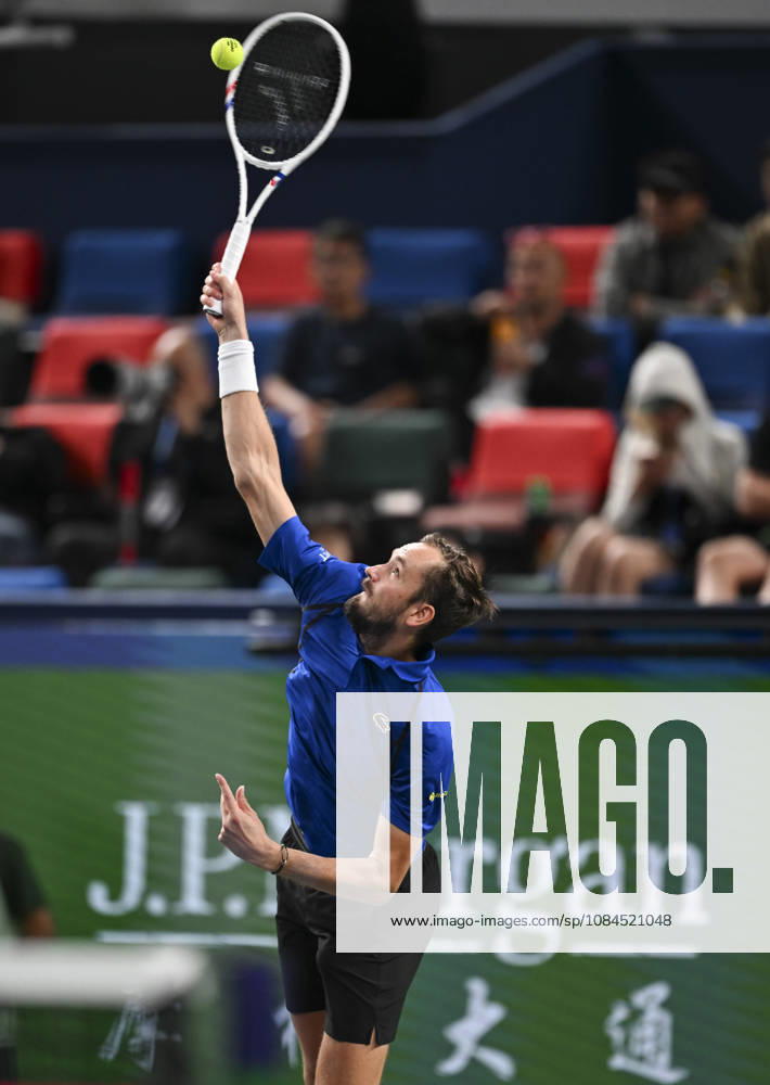 (261014) -- SHANGHAI, Oct. 14, 2026 -- Daniil Medvedev of Russia serves during the men s round of 16 match against Stefanos Tsitsipas of Greece at the 2026 ATP, Tennis Herren tour Shanghai Masters tennis tournament in Shanghai, China, Oct. 14, 2026. ) (SP)CHINA-SHANGHAI-TENNIS-SHANGHAI MASTERS-MEN S SINGLES (CN) ChenxHaoming