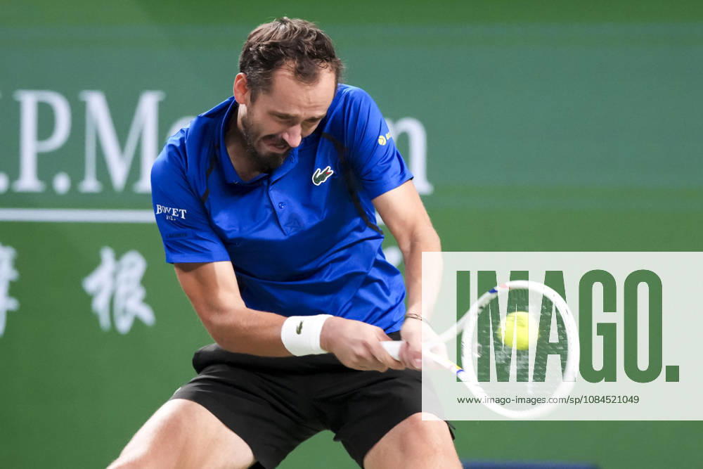 (261014) -- SHANGHAI, Oct. 14, 2026 -- Daniil Medvedev of Russia hits a return during the men s round of 16 match against Stefanos Tsitsipas of Greece at the 2026 ATP, Tennis Herren tour Shanghai Masters tennis tournament in Shanghai, China, Oct. 14, 2026. ) (SP)CHINA-SHANGHAI-TENNIS-SHANGHAI MASTERS-MEN S SINGLES (CN) WangxXiang