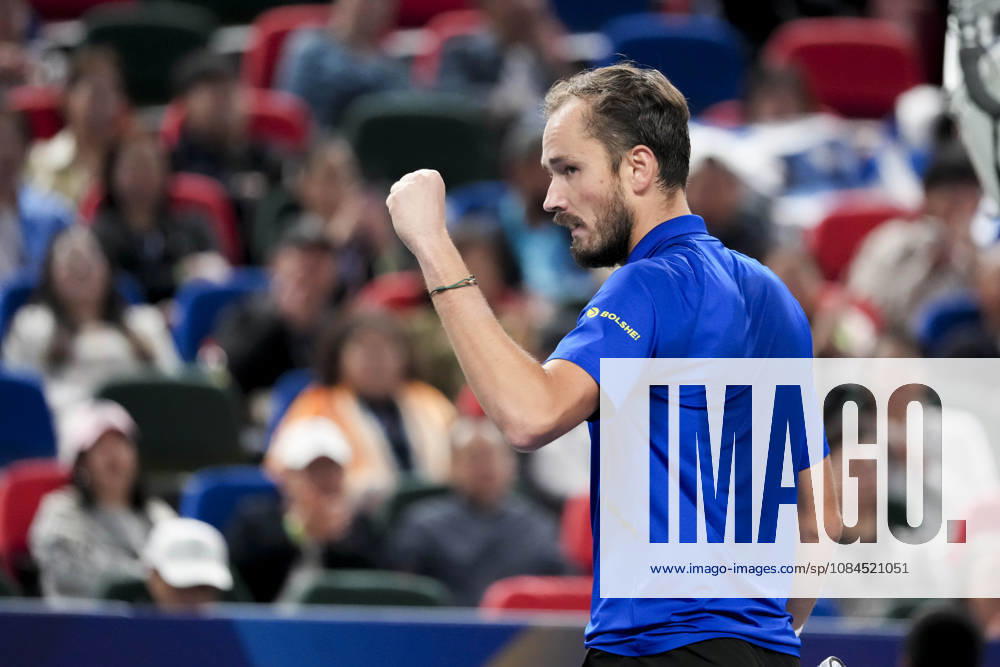(261014) -- SHANGHAI, Oct. 14, 2026 -- Daniil Medvedev of Russia celebrates scoring during the men s round of 16 match against Stefanos Tsitsipas of Greece at the 2026 ATP, Tennis Herren tour Shanghai Masters tennis tournament in Shanghai, China, Oct. 14, 2026. ) (SP)CHINA-SHANGHAI-TENNIS-SHANGHAI MASTERS-MEN S SINGLES (CN) WangxXiang