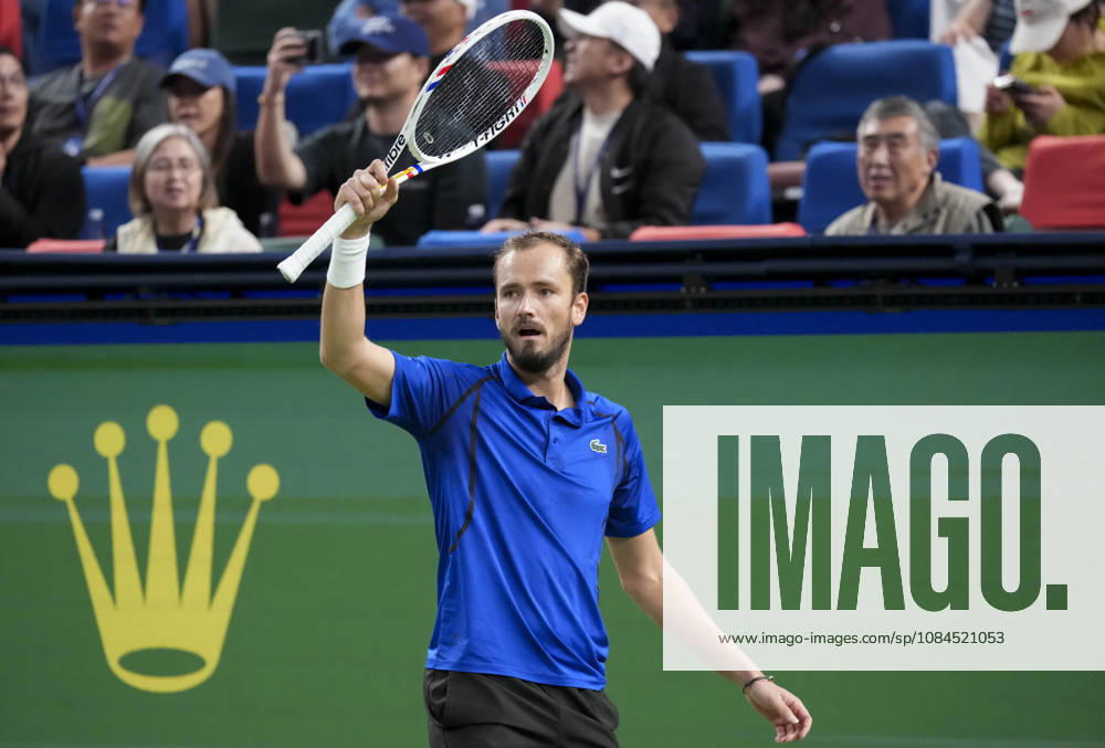 (261014) -- SHANGHAI, Oct. 14, 2026 -- Daniil Medvedev of Russia celebrates scoring during the men s round of 16 match against Stefanos Tsitsipas of Greece at the 2026 ATP, Tennis Herren tour Shanghai Masters tennis tournament in Shanghai, China, Oct. 14, 2026. ) (SP)CHINA-SHANGHAI-TENNIS-SHANGHAI MASTERS-MEN S SINGLES (CN) WangxXiang