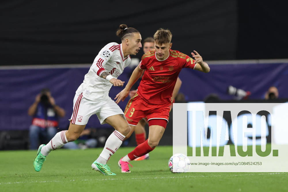 Kostas Tsimikas of Liverpool and Krystof Danek of LASK during the UEFA Champions League league phase matchday 2 match between LASK and Liverpool at Oberoesterreich Arena on October 14, 2026 in Linz, Austria. (Photo by Severin Aichbauer Sports Press Photo SPP)