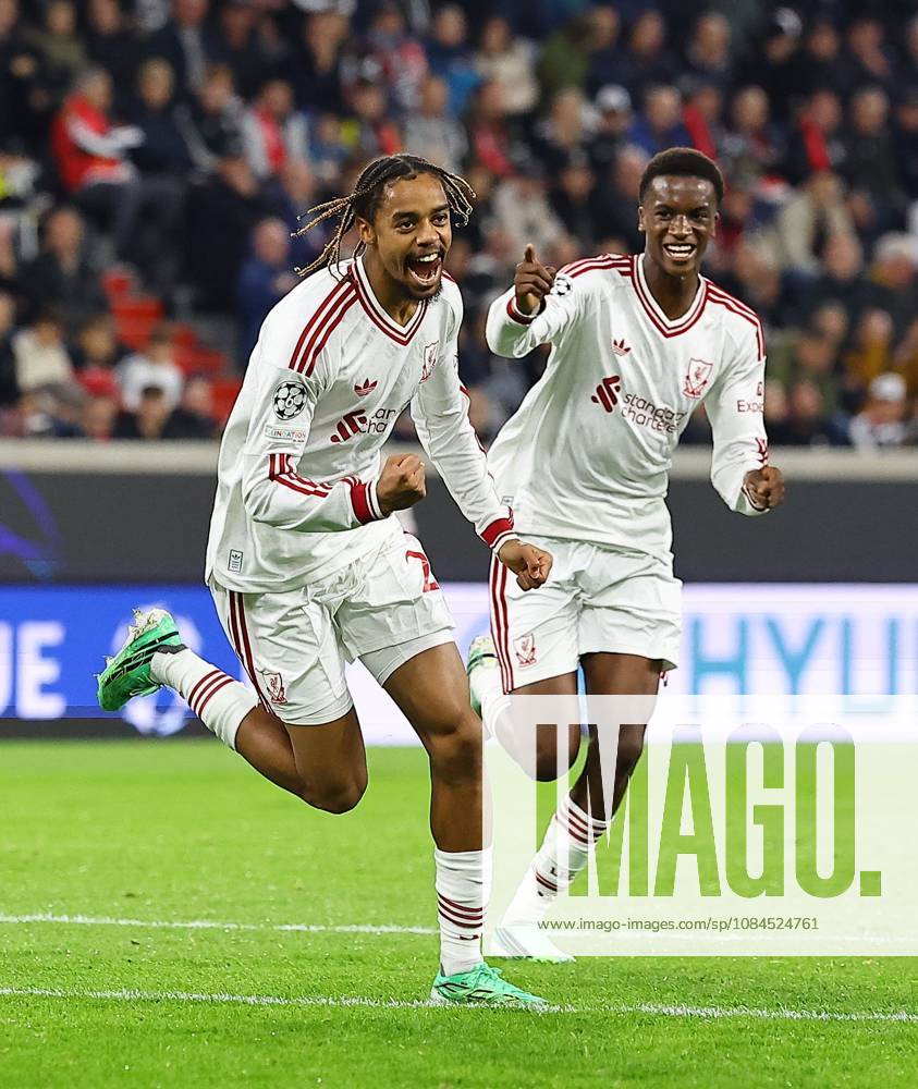 Bradley Barcola of Liverpool celebrates scoring their sides second goal LASK v Liverpool, UEFA Champions League, Football, Raiffeisen Arena, Linz, Austria - 14 Oct 2026Linz Raiffeisen Arena Austria