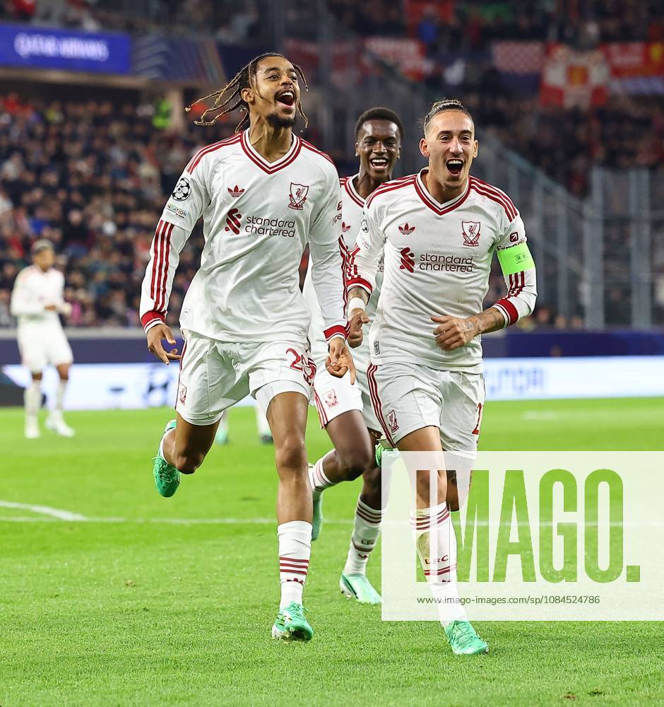 Bradley Barcola of Liverpool celebrates scoring their sides second goal LASK v Liverpool, UEFA Champions League, Football, Raiffeisen Arena, Linz, Austria - 14 Oct 2026Linz Raiffeisen Arena Austria