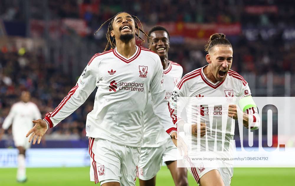 Bradley Barcola of Liverpool celebrates scoring their sides second goal LASK v Liverpool, UEFA Champions League, Football, Raiffeisen Arena, Linz, Austria - 14 Oct 2026Linz Raiffeisen Arena Austria