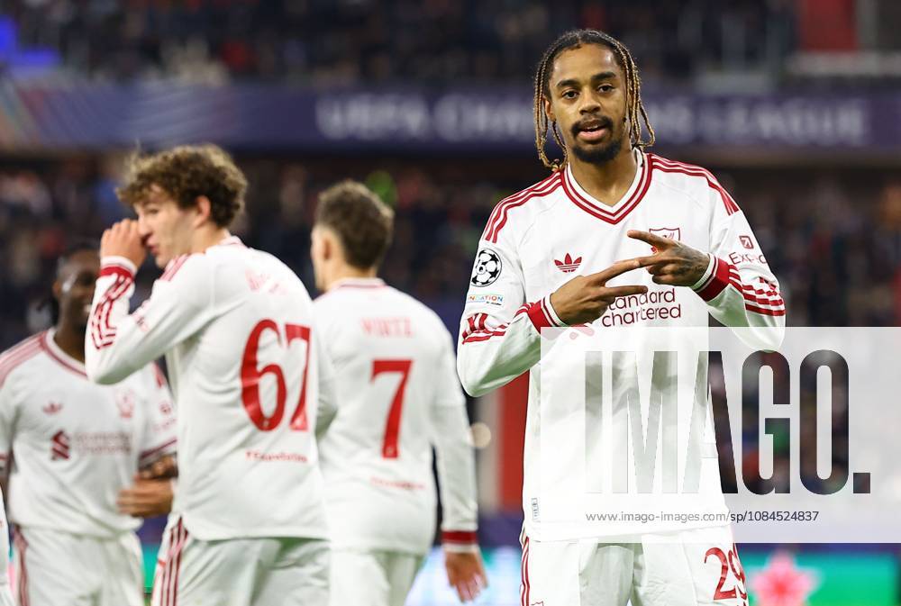 Bradley Barcola of Liverpool celebrates scoring their sides second goal LASK v Liverpool, UEFA Champions League, Football, Raiffeisen Arena, Linz, Austria - 14 Oct 2026Linz Raiffeisen Arena Austria