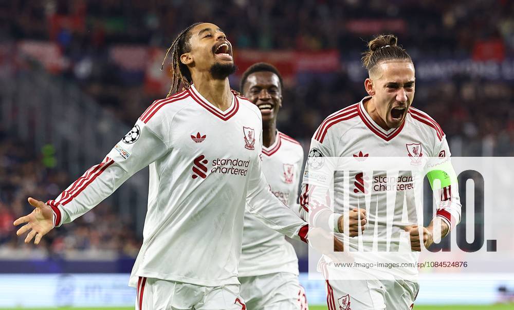 Bradley Barcola of Liverpool celebrates scoring their sides second goal LASK v Liverpool, UEFA Champions League, Football, Raiffeisen Arena, Linz, Austria - 14 Oct 2026Linz Raiffeisen Arena Austria
