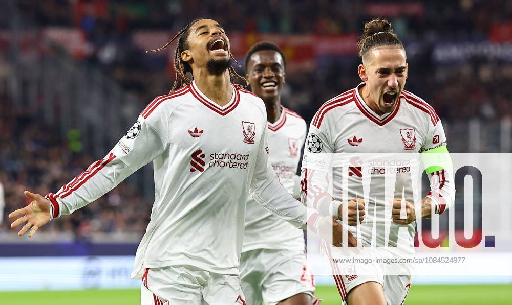 Bradley Barcola of Liverpool celebrates scoring their sides second goal LASK v Liverpool, UEFA Champions League, Football, Raiffeisen Arena, Linz, Austria - 14 Oct 2026Linz Raiffeisen Arena Austria