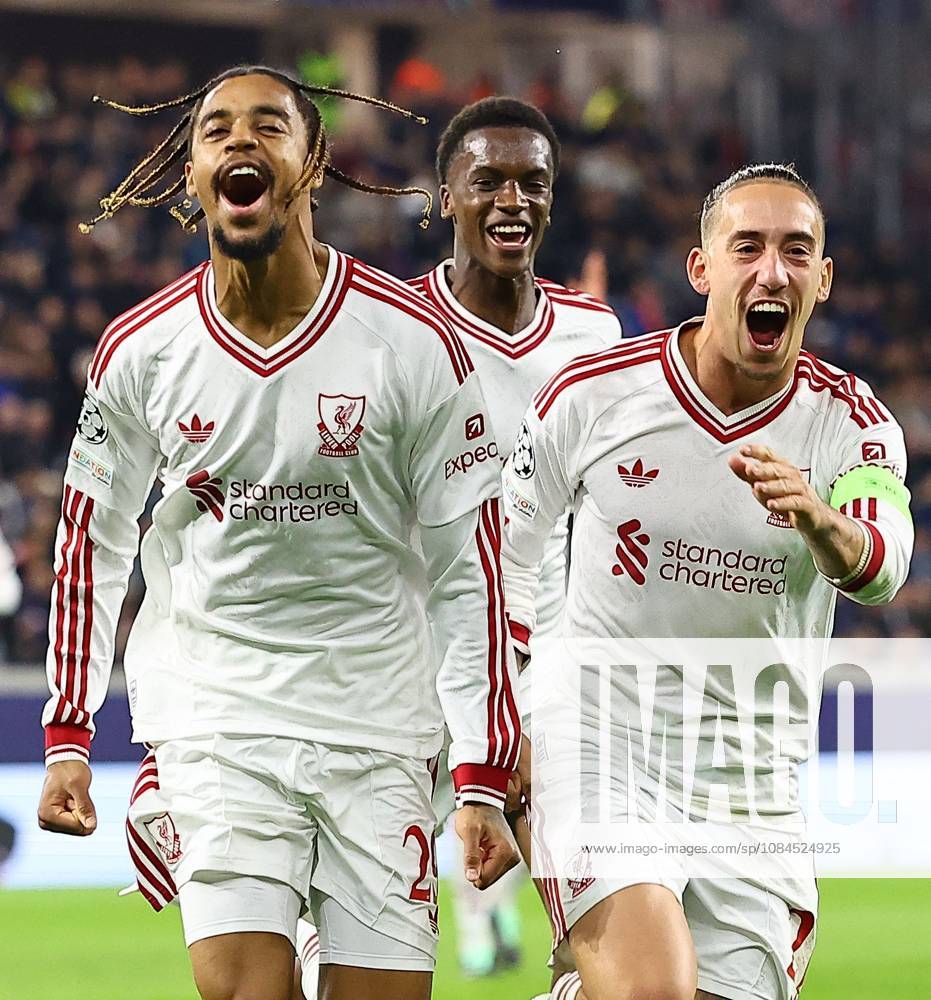 Bradley Barcola of Liverpool celebrates scoring their sides second goal LASK v Liverpool, UEFA Champions League, Football, Raiffeisen Arena, Linz, Austria - 14 Oct 2026Linz Raiffeisen Arena Austria