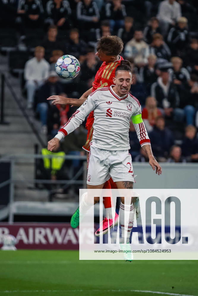 SOCCER - UEFA CL, LASK vs Liverpool LINZ,AUSTRIA,14.OCT.26 - SOCCER - UEFA Champions League, Linzer ASK vs Liverpool FC. Image shows Krystof Danek (LASK) and Kostas Tsimikas (Liverpool). GEPAxpictures xManuelxBinder