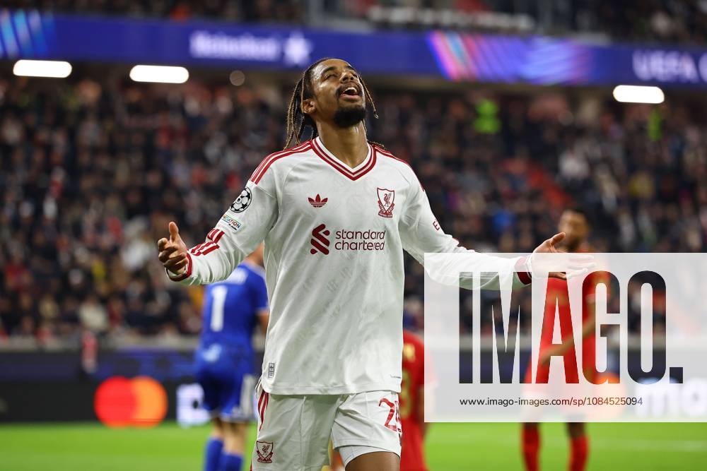 Bradley Barcola of Liverpool celebrates scoring their sides third goal LASK v Liverpool, UEFA Champions League, Football, Raiffeisen Arena, Linz, Austria - 14 Oct 2026Linz Raiffeisen Arena Austria