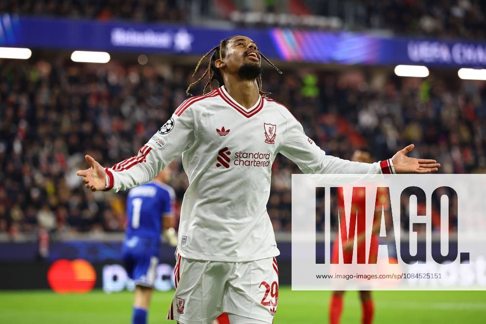 Bradley Barcola of Liverpool celebrates scoring their sides third goal LASK v Liverpool, UEFA Champions League, Football, Raiffeisen Arena, Linz, Austria - 14 Oct 2026Linz Raiffeisen Arena Austria