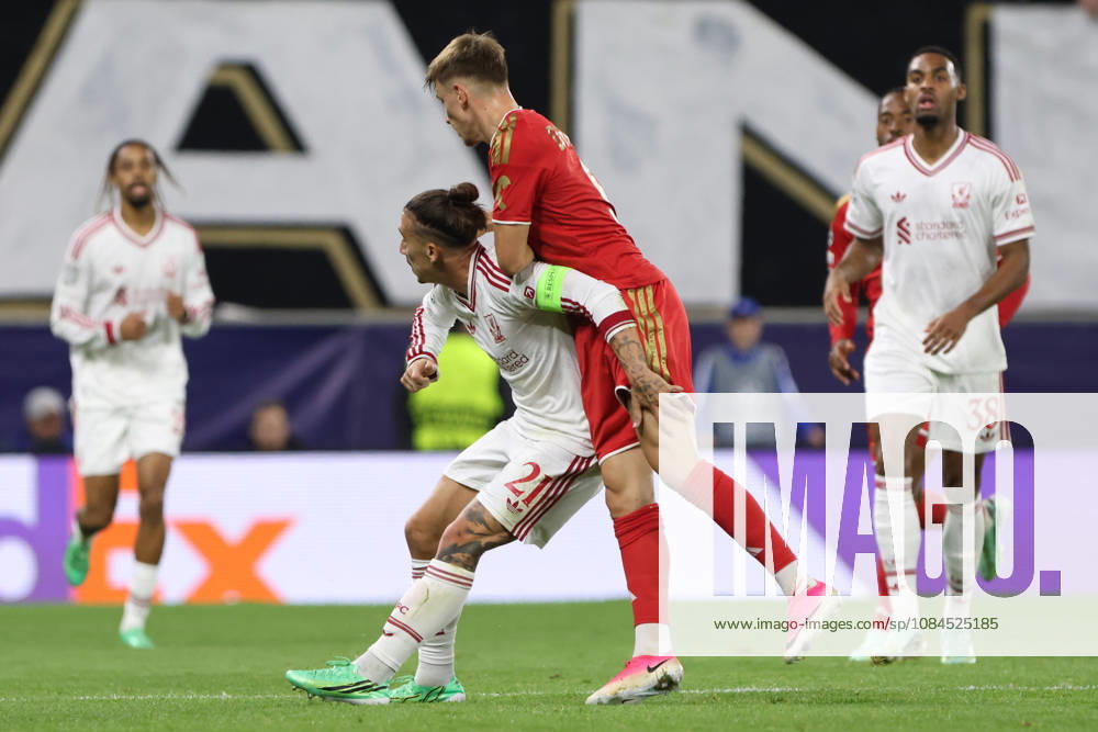 Kostas Tsimikas of Liverpool and Krystof Danek of LASK during the UEFA Champions League league phase matchday 2 match between LASK and Liverpool at Oberoesterreich Arena on October 14, 2026 in Linz, Austria. (Photo by Severin Aichbauer Sports Press Photo SPP)