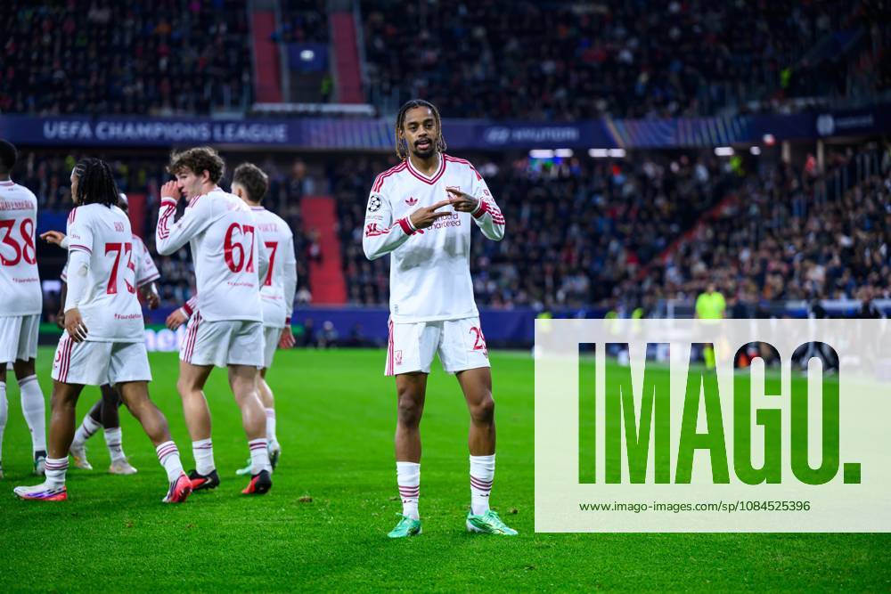 SOCCER - UEFA CL, LASK vs Liverpool LINZ,AUSTRIA,14.OCT.26 - SOCCER - UEFA Champions League, Linzer ASK vs Liverpool FC. Image shows the rejoicing of Bradley Barcola (Liverpool). GEPAxpictures xChristianxMoser