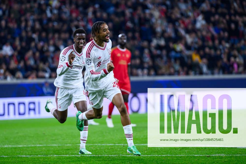 SOCCER - UEFA CL, LASK vs Liverpool LINZ,AUSTRIA,14.OCT.26 - SOCCER - UEFA Champions League, Linzer ASK vs Liverpool FC. Image shows the rejoicing of Bradley Barcola (Liverpool). GEPAxpictures xChristianxMoser
