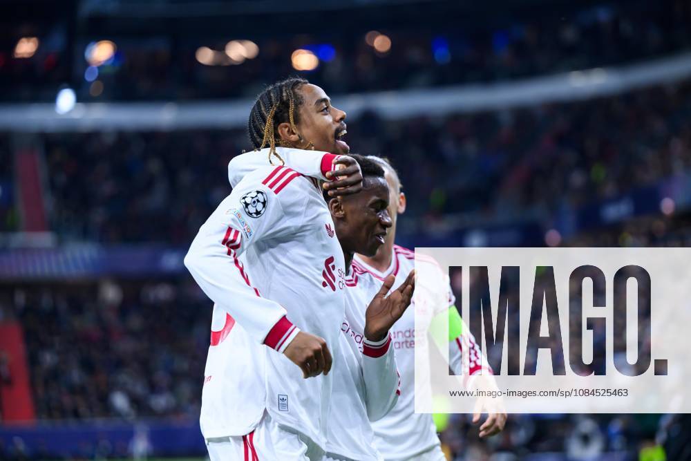 SOCCER - UEFA CL, LASK vs Liverpool LINZ,AUSTRIA,14.OCT.26 - SOCCER - UEFA Champions League, Linzer ASK vs Liverpool FC. Image shows the rejoicing of Bradley Barcola (Liverpool). GEPAxpictures xChristianxMoser