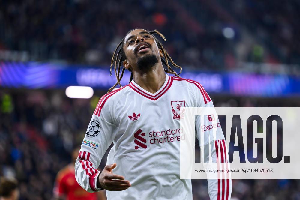 SOCCER - UEFA CL, LASK vs Liverpool LINZ,AUSTRIA,14.OCT.26 - SOCCER - UEFA Champions League, Linzer ASK vs Liverpool FC. Image shows the rejoicing of Bradley Barcola (Liverpool). GEPAxpictures xChristianxMoser
