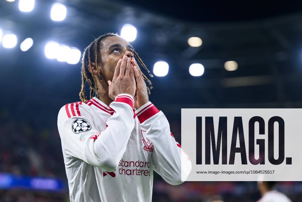 SOCCER - UEFA CL, LASK vs Liverpool LINZ,AUSTRIA,14.OCT.26 - SOCCER - UEFA Champions League, Linzer ASK vs Liverpool FC. Image shows the rejoicing of Bradley Barcola (Liverpool). GEPAxpictures xChristianxMoser