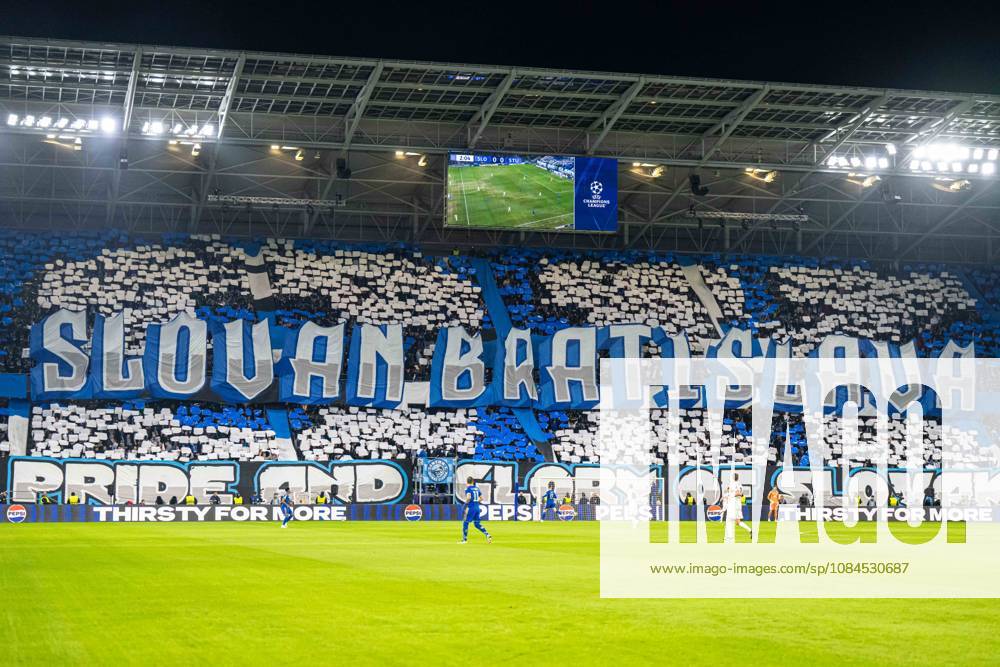 SK Slovan Bratislava fans choreo during UEFA Champions league match , SK Slovan Bratislava - VFB Stuttgart , 14. october 2026, Tehelne pole Stadium, Bratislava, Slovakia