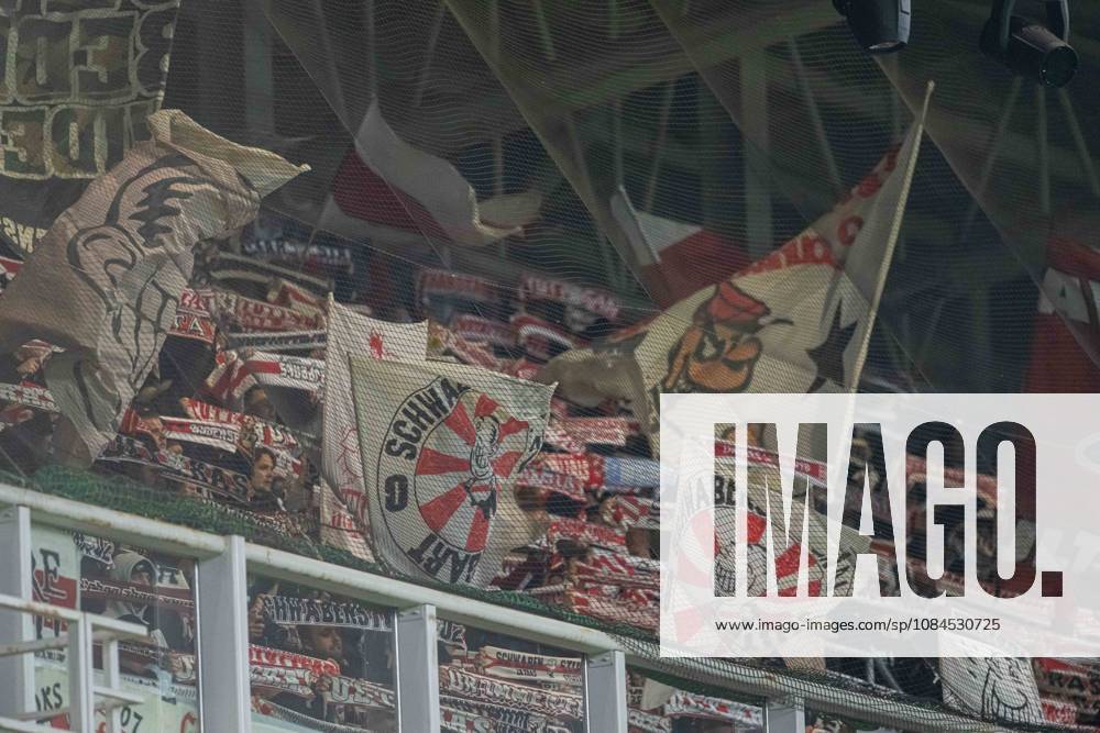 VFB Stuttgart fans with a flags during UEFA Champions league match , SK Slovan Bratislava - VFB Stuttgart , 14. october 2026, Tehelne pole Stadium, Bratislava, Slovakia
