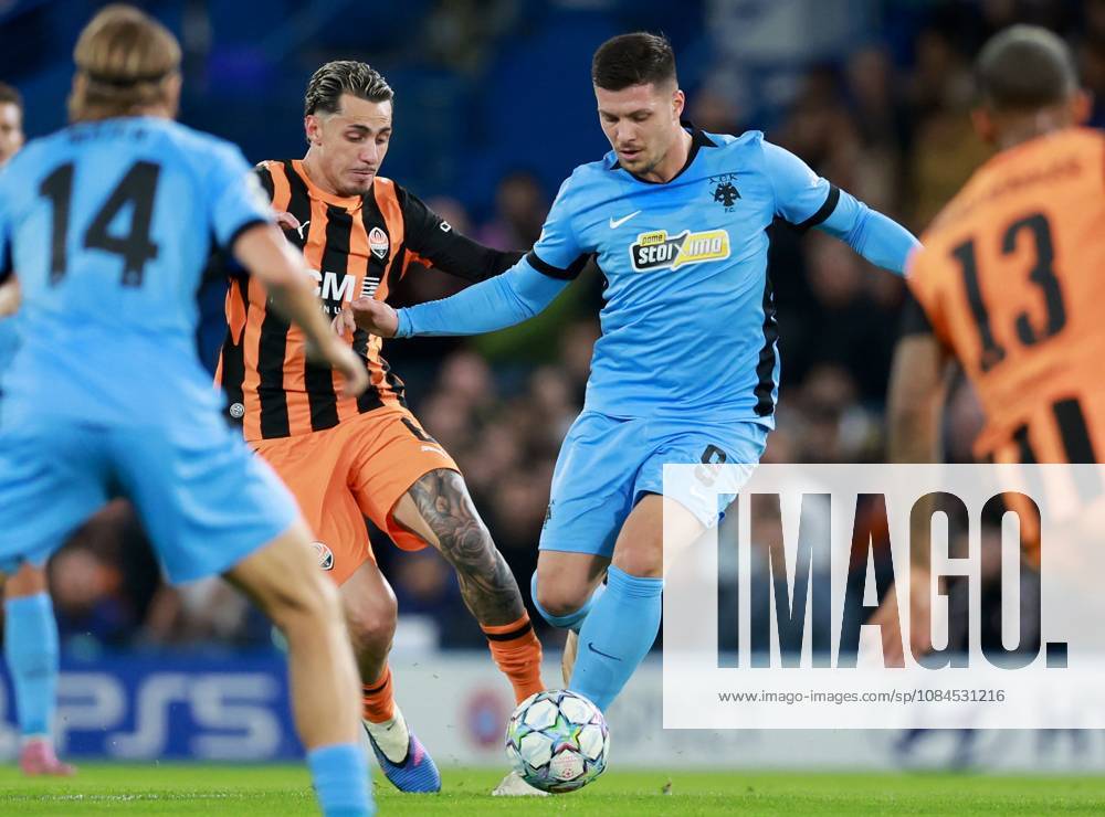 Luka Jovic of AEK Athens in action against Marlon Gomes of Shakhtar Donetsk Shakhtar Donetsk v AEK, UEFA Champions League, Football, Stamford Bridge, London, UK - 14 Oct 2026London Stamford Bridge United Kingdom