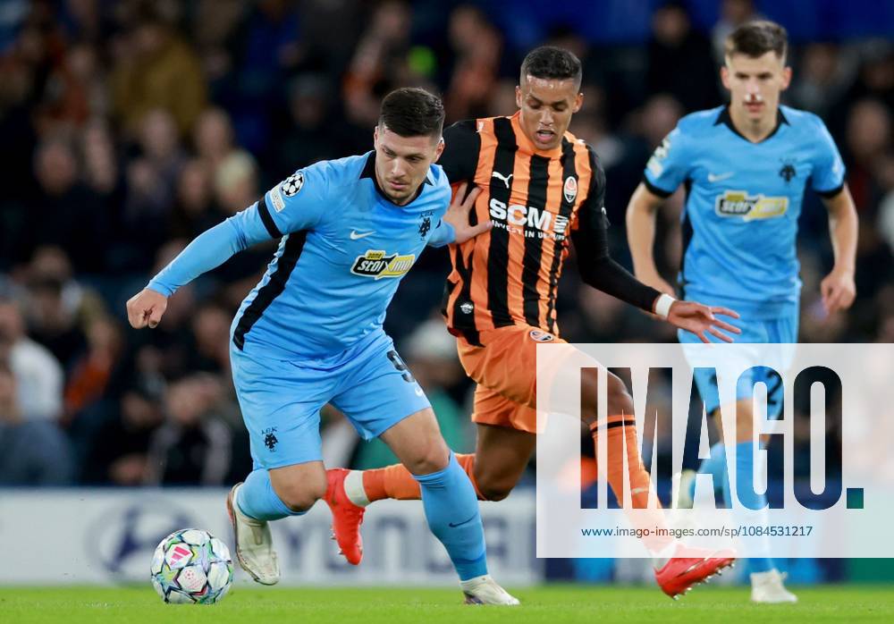 Luka Jovic of AEK Athens in action against Pedrinho of Shakhtar Donetsk Shakhtar Donetsk v AEK, UEFA Champions League, Football, Stamford Bridge, London, UK - 14 Oct 2026London Stamford Bridge United Kingdom