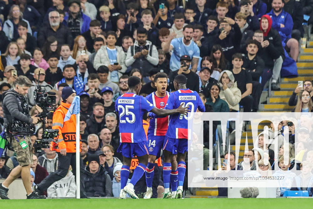 UEFA Champions League Matchday 2 of 8 Manchester City v Paris Saint-Germain Desire Doue of Paris Saint-Germain celebrates his goal to make it 1-0 during the UEFA Champions League Matchday 2 of 8 match Manchester City vs Paris Saint-Germain at City of Manchester Stadium, Manchester, United Kingdom on 14 October 2026 (Photo by Mark Cosgrove News Images) Manchester City of Manchester Stadium Greater Manchester United, ManU Kingdom