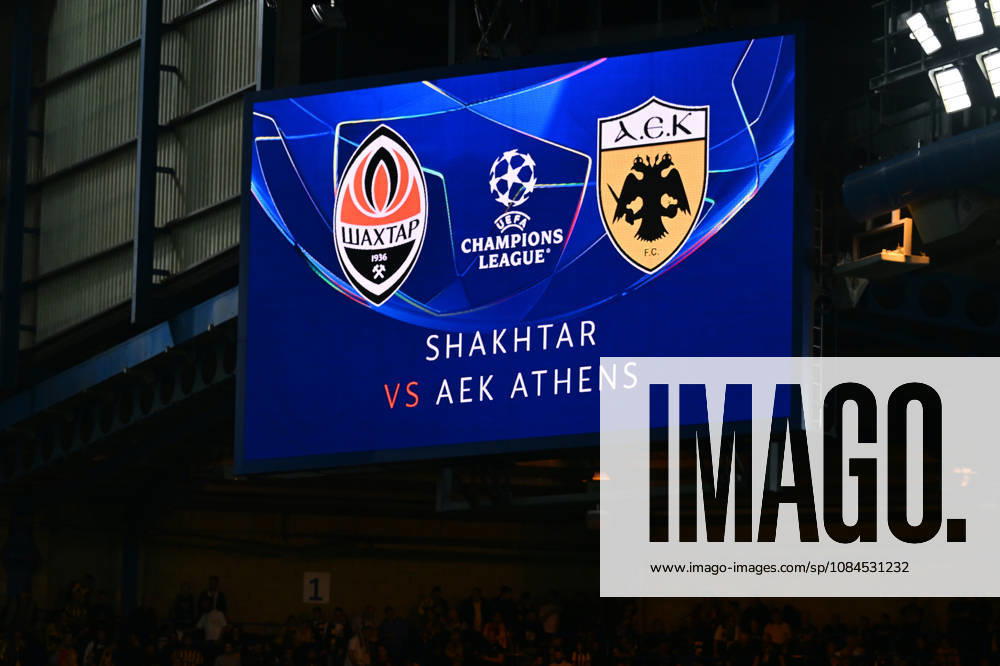Matchday large screen graphi prior to the UEFA Champions League 2026 27 League Phase MD2 match between FC Shakhtar Donetsk and AEK Athens at Stamford Bridge on October 14, 2026 in London, England.