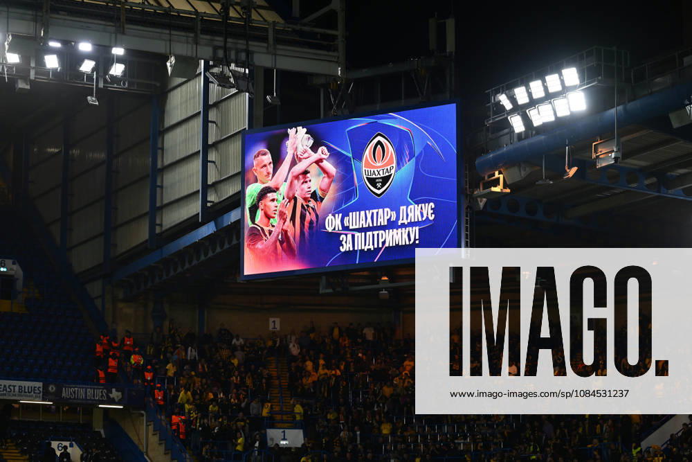Matchday large screen graphi prior to the UEFA Champions League 2026 27 League Phase MD2 match between FC Shakhtar Donetsk and AEK Athens at Stamford Bridge on October 14, 2026 in London, England.
