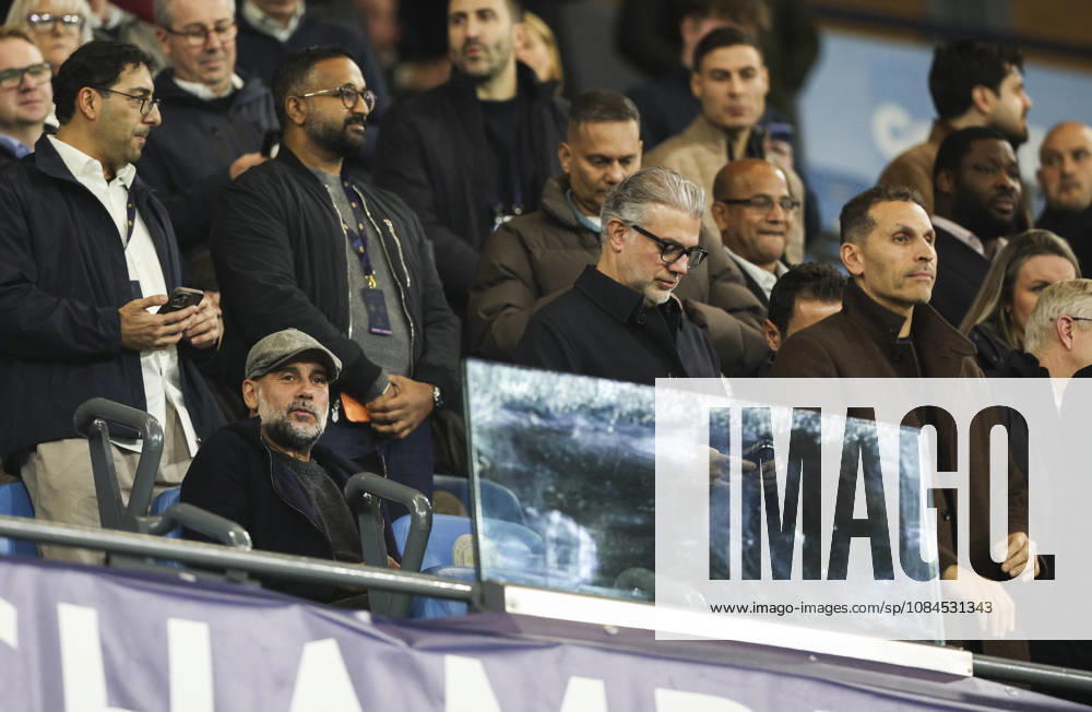 Manchester City v Paris, UEFA Champions League, League Stage 14.10.26 Manchester City v Paris, UEFA Champions League, League Stage Bradley Ormesher The Times Former manager Pep Guardiola of Manchester City in the stands with Chairman Khaldoon Al Mubarak and CEO Ferran Soriano