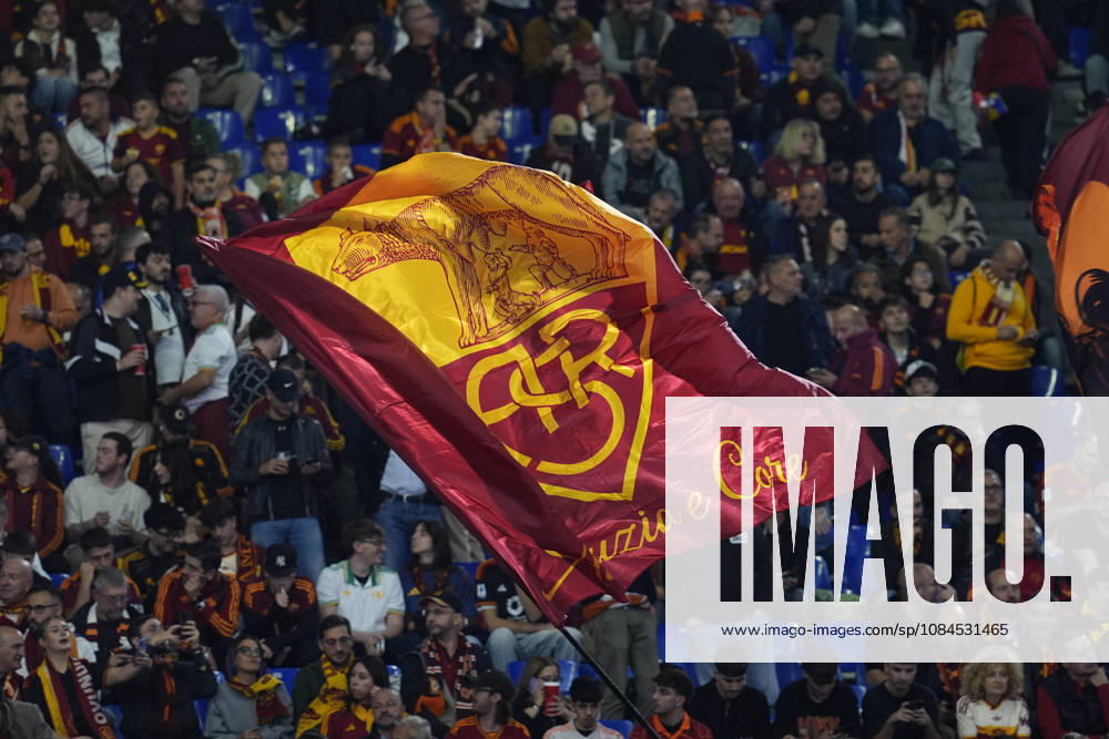Supporters of AS Roma show their flag during the UEFA Champions League 2026 27 League Phase MD2 match between Roma and Real Madrid CF at Stadio Olimpico on Octuber 14, 2026, in Roma, Italy. Roma V Real Madrid CF - Uefa Champions League 2026 27 League Phase MD2 - ZUMAa181 20261014_zaa_a181_106