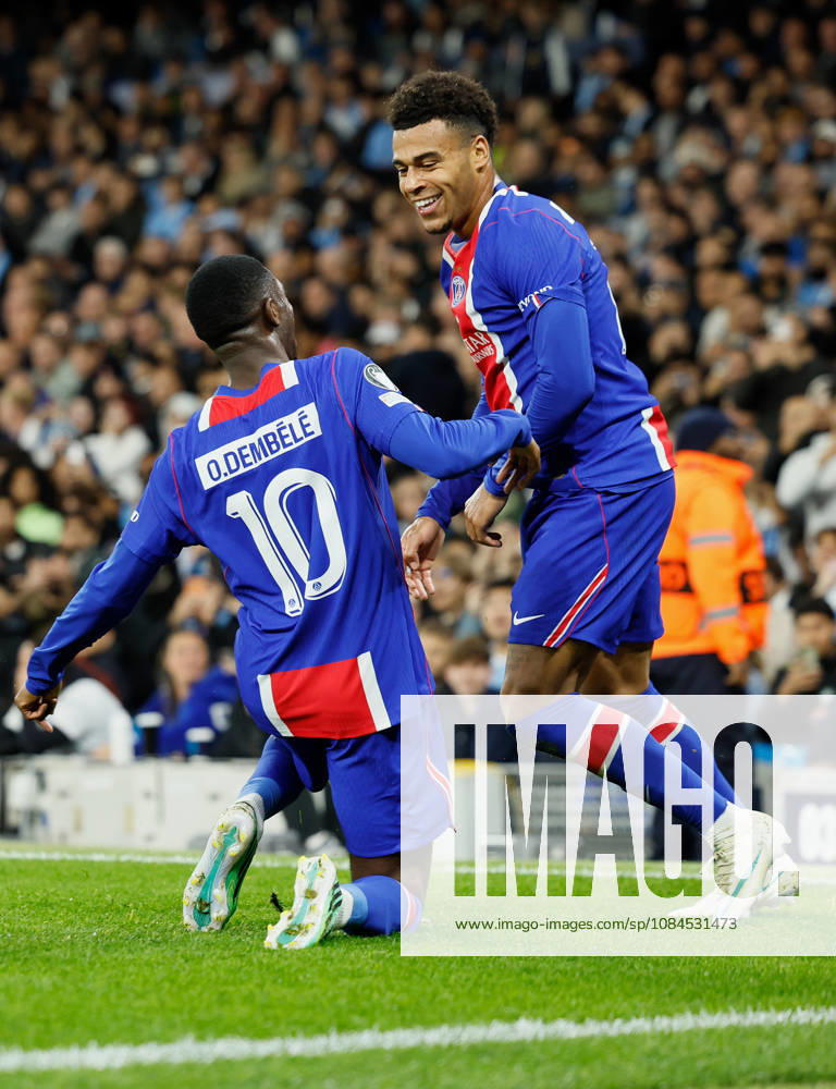 Manchester City v Paris Saint-Germain - UEFA Champions League 2026 27 League Phase MD2 Ousmane Dembele and Desire Doue of Paris Saint-Germain celebrate 2nd goal during the UEFA Champions League 2026 27 League Phase MD2 match between Manchester City and Paris Saint-Germain at City of Manchester Stadium on October 14, 2026 in Manchester, England. Manchester City of Manchester Stadium England United Kingdom