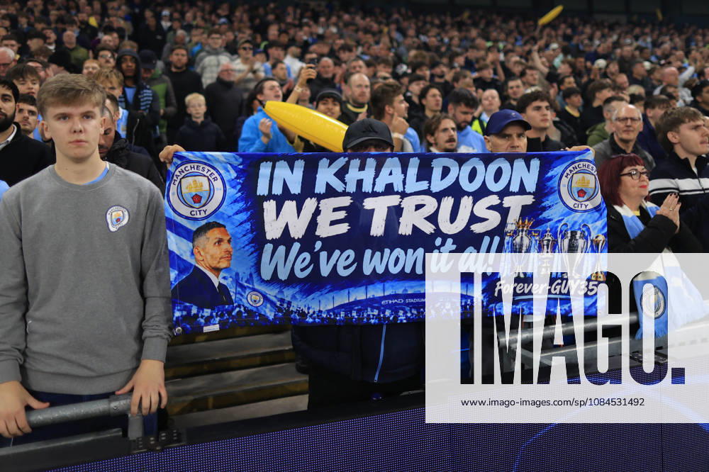 Manchester City v Paris Saint-Germain 14th October 2026 - UEFA Champions League - League Phase - Manchester City v Paris Saint-Germain - A Manchester City fan holds up a banner in support of the club chairman Khaldoon Al Mubarak - Photo: Simon Stacpoole Offside. Manchester UK