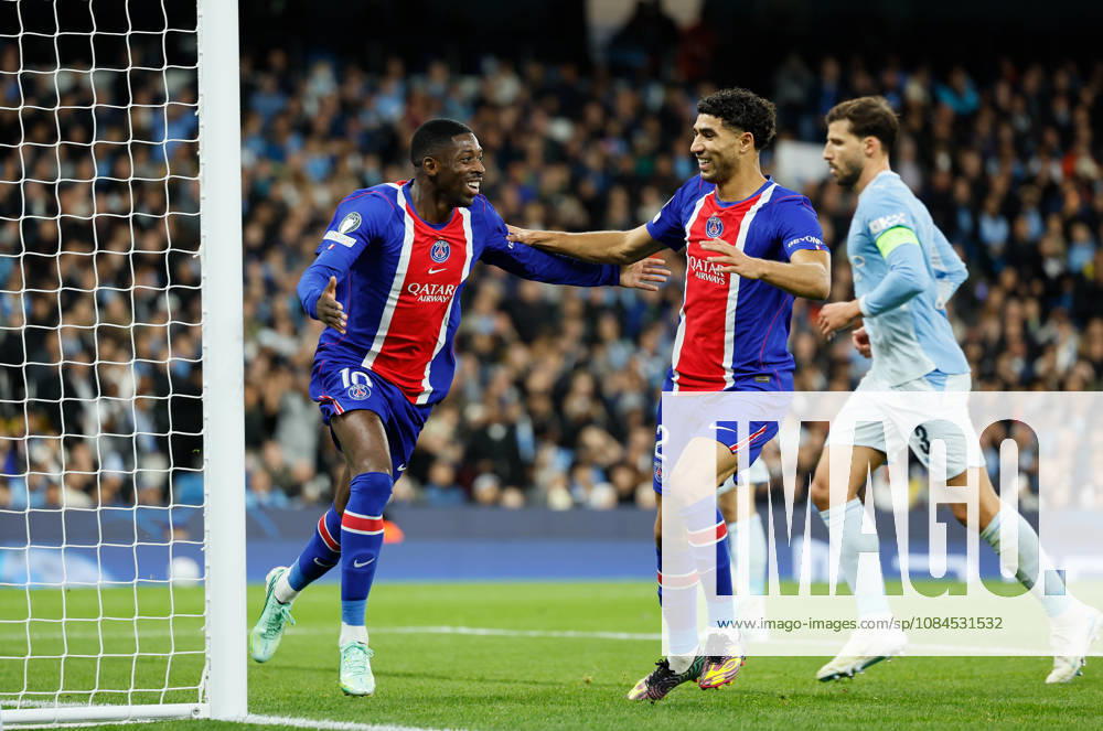 Manchester City v Paris Saint-Germain - UEFA Champions League 2026 27 League Phase MD2 Ousmane Dembele and Achraf Hakimi of Paris Saint-Germain celebrate 2nd goal during the UEFA Champions League 2026 27 League Phase MD2 match between Manchester City and Paris Saint-Germain at City of Manchester Stadium on October 14, 2026 in Manchester, England. Manchester City of Manchester Stadium England United Kingdom
