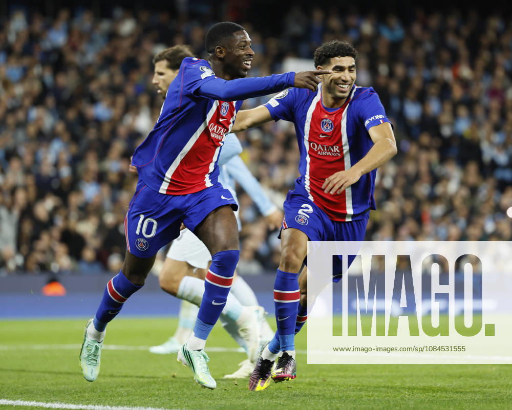 Manchester City v Paris Saint-Germain - UEFA Champions League 2026 27 League Phase MD2 Ousmane Dembele and Achraf Hakimi of Paris Saint-Germain celebrate 2nd goal during the UEFA Champions League 2026 27 League Phase MD2 match between Manchester City and Paris Saint-Germain at City of Manchester Stadium on October 14, 2026 in Manchester, England. Manchester City of Manchester Stadium England United Kingdom