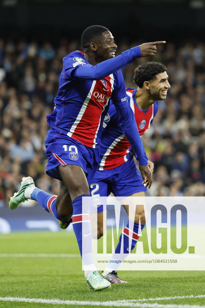 Manchester City v Paris Saint-Germain - UEFA Champions League 2026 27 League Phase MD2 Ousmane Dembele and Achraf Hakimi of Paris Saint-Germain celebrate 2nd goal during the UEFA Champions League 2026 27 League Phase MD2 match between Manchester City and Paris Saint-Germain at City of Manchester Stadium on October 14, 2026 in Manchester, England. Manchester City of Manchester Stadium England United Kingdom