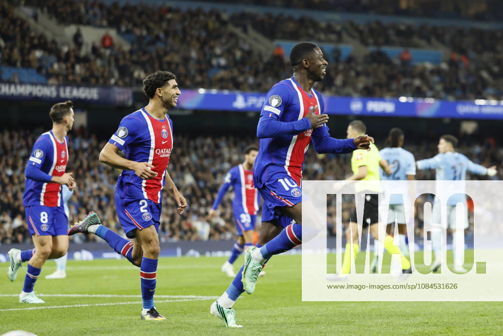Manchester City v Paris Saint-Germain - UEFA Champions League 2026 27 League Phase MD2 Ousmane Dembele and Achraf Hakimi of Paris Saint-Germain celebrate 2nd goal during the UEFA Champions League 2026 27 League Phase MD2 match between Manchester City and Paris Saint-Germain at City of Manchester Stadium on October 14, 2026 in Manchester, England. Manchester City of Manchester Stadium England United Kingdom