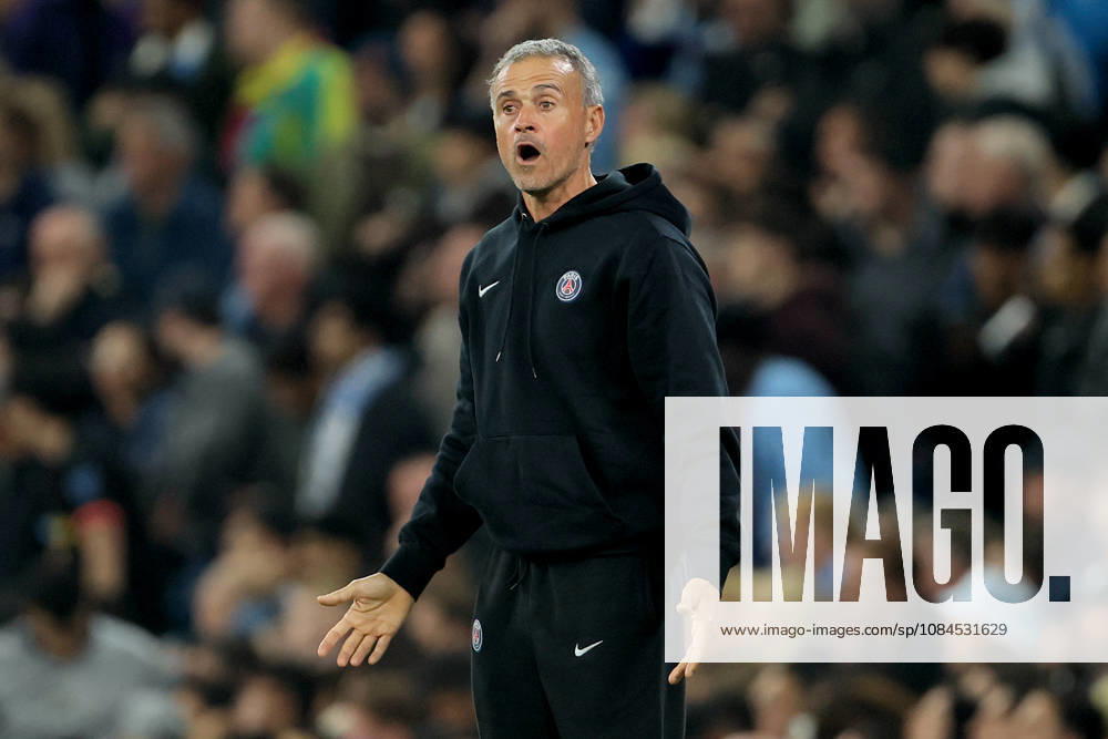 Manchester City v Paris Saint-Germain - UEFA Champions League 2026 27 League Phase MD2 Luis Enrique, head coach of Paris Saint-Germain reacts on the side line during the UEFA Champions League 2026 27 League Phase MD2 match between Manchester City and Paris Saint-Germain at City of Manchester Stadium on October 14, 2026 in Manchester, England. Manchester City of Manchester Stadium England United Kingdom