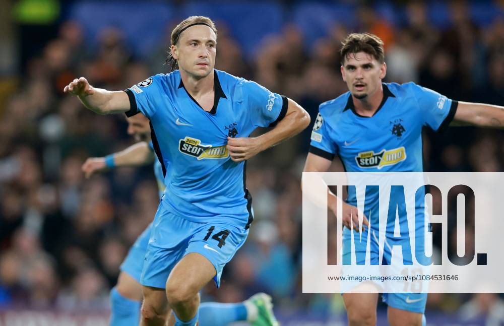 Lovro Majer of AEK Athens celebrates scoring their side s first goal of the game Shakhtar Donetsk v AEK, UEFA Champions League, Football, Stamford Bridge, London, UK - 14 Oct 2026London Stamford Bridge United Kingdom