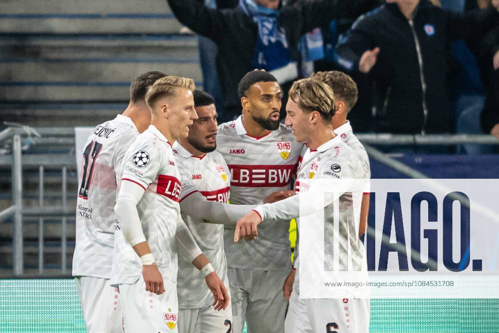 VFB STUTTGART players a goal celebrates during UEFA Champions league match , SK Slovan Bratislava - VFB Stuttgart , 14. october 2026, Tehelne pole Stadium, Bratislava, Slovakia