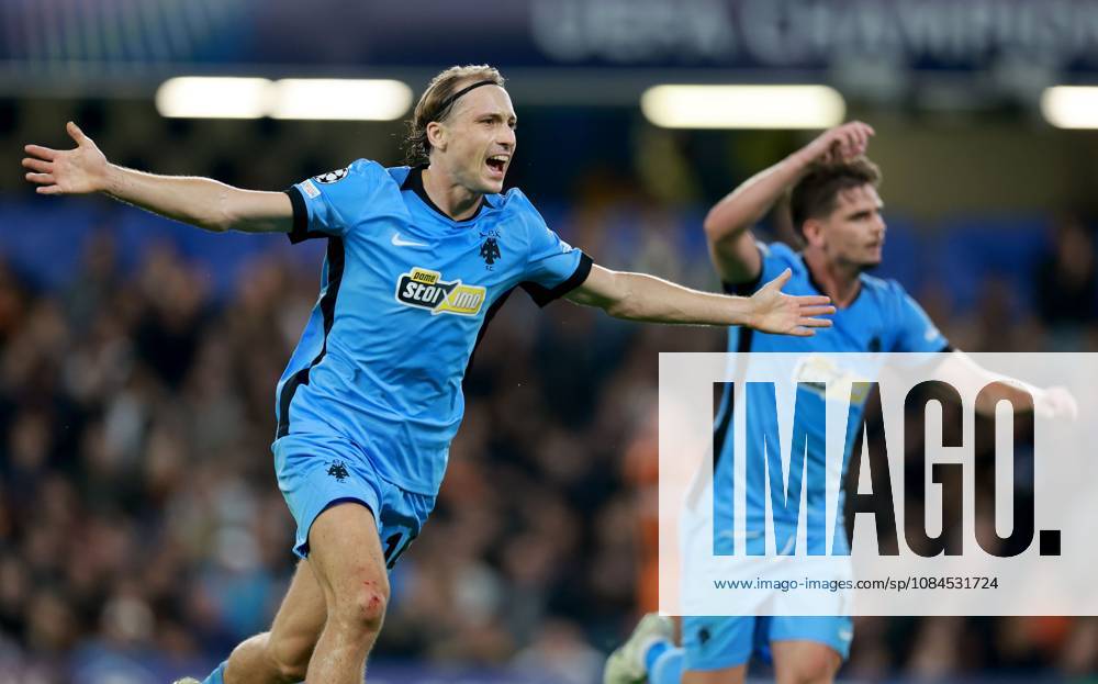 Lovro Majer of AEK Athens celebrates scoring their side s first goal of the game Shakhtar Donetsk v AEK, UEFA Champions League, Football, Stamford Bridge, London, UK - 14 Oct 2026London Stamford Bridge United Kingdom