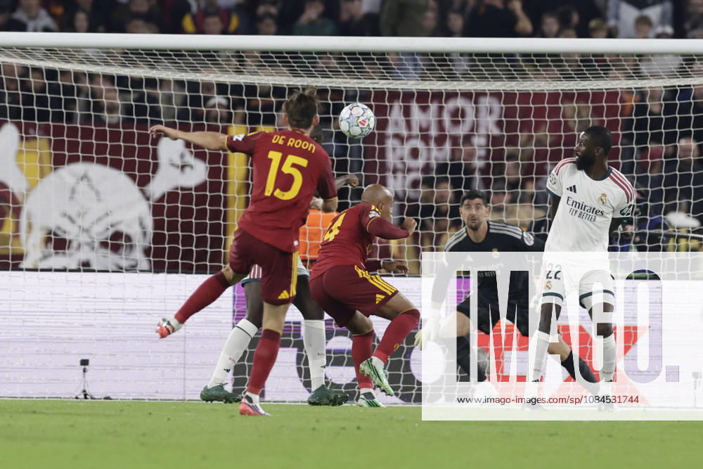 UEFA Champions League AS Roma vs Real Madrid Romas Dutch midfielder Marten de Roon scores against Real Madrid goal of 1-0 during UEFA Champions League match between AS Roma vs Real Madrid at Olimpico stadium on October 14, 2026 in Rome, Italy. _BPH2974