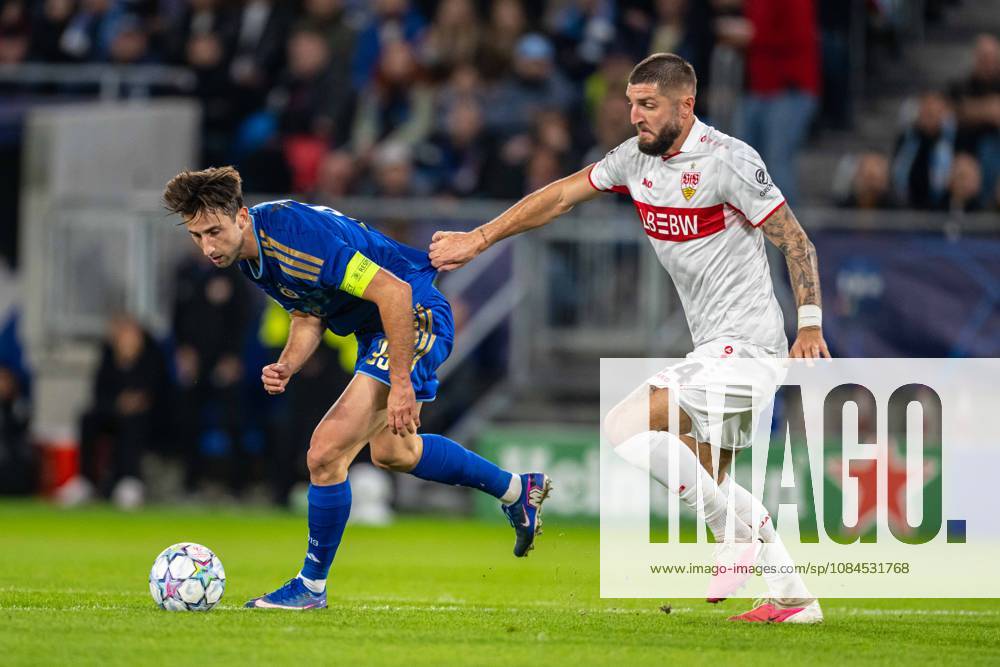 Andraz Sporar in a battle with Jeff Chabot during UEFA Champions league match , SK Slovan Bratislava - VFB Stuttgart , 14. october 2026, Tehelne pole Stadium, Bratislava, Slovakia